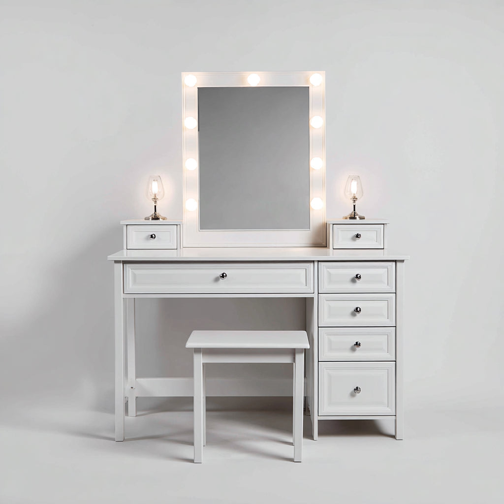 Toeletta in legno 110x45x150 cm - bianco - con specchio illuminato stile moderno - adatta per camera da letto