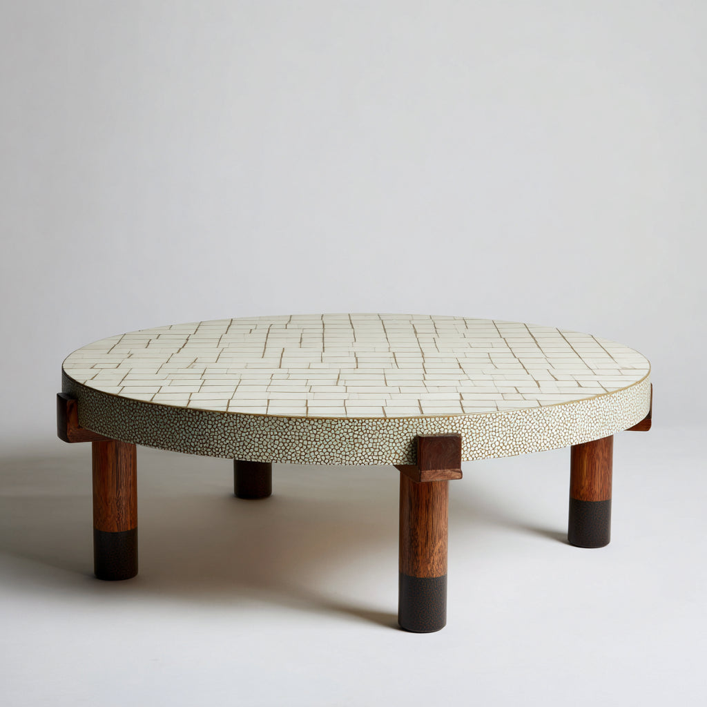 Tavolino da caffè ceramica - legno 90x90x38 cm - bianco - marrone - adatto per soggiorno - design moderno