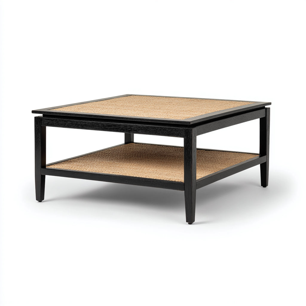 Tavolino da caffè legno - rattan 80x80x45 cm - nero - legno naturale - adatto per soggiorno - design moderno