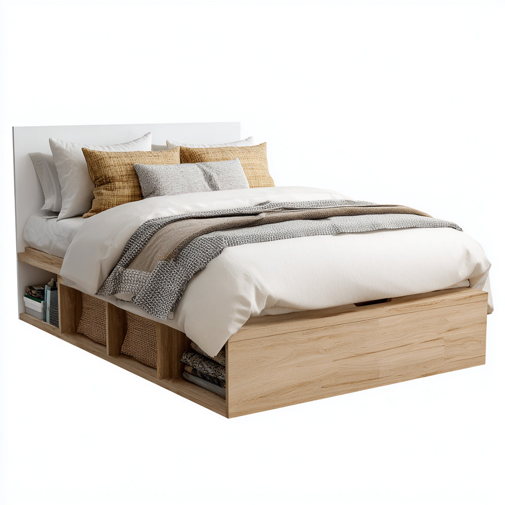 Letto matrimoniale legno 200x180x130 cm - legno chiaro - bianco - design moderno con contenitore per camera da letto