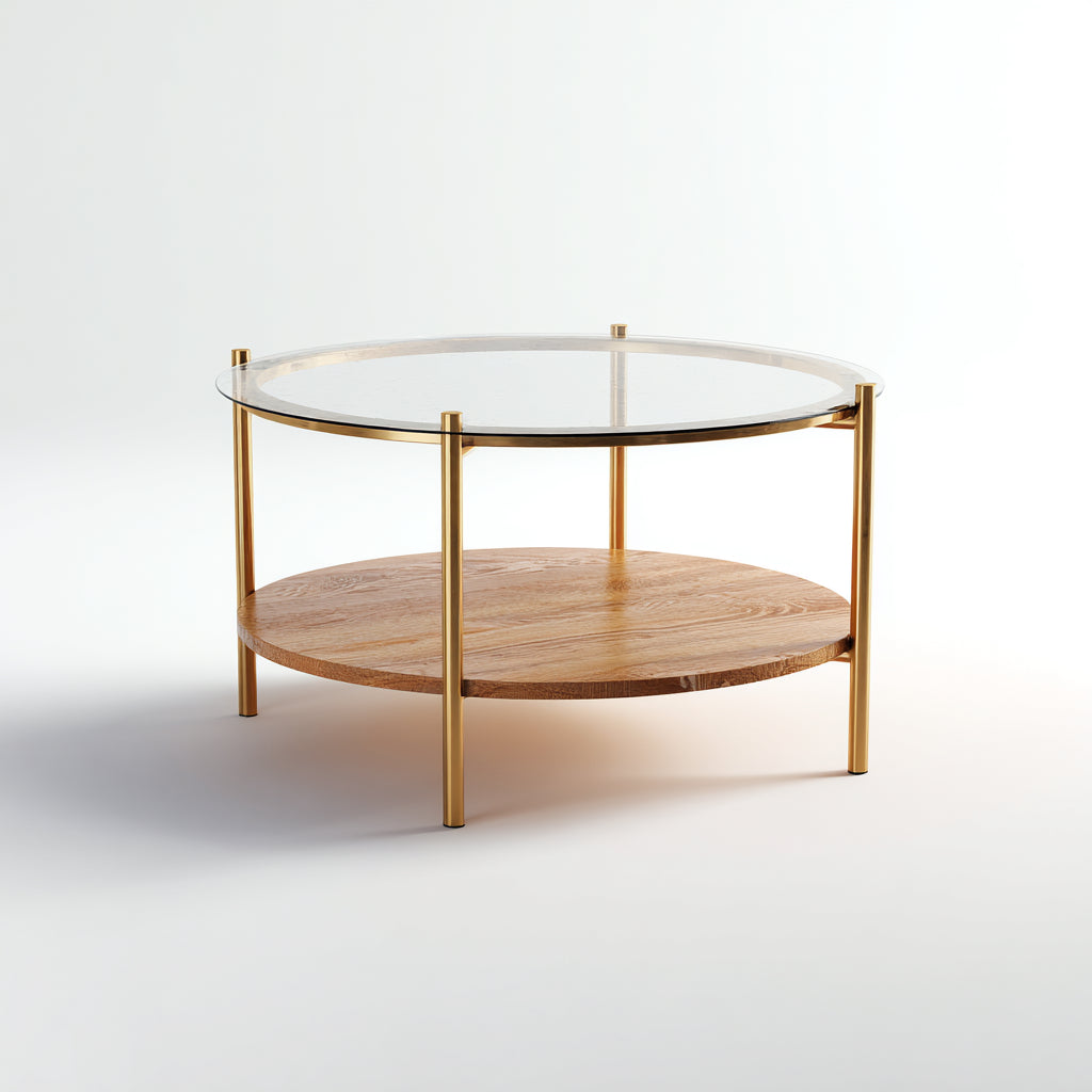 Tavolino da caffè vetro - metallo - legno 85x85x46 cm - trasparente - oro - legno naturale - adatto per soggiorno - design moderno