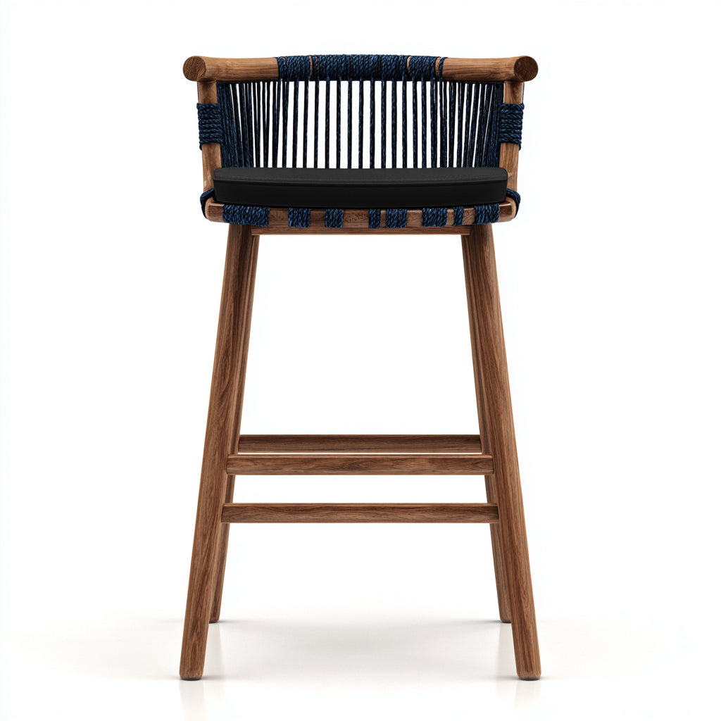 Sgabello da bar legno-corda 48x47x98 cm - blu-nero - design moderno adatto alla sala da pranzo